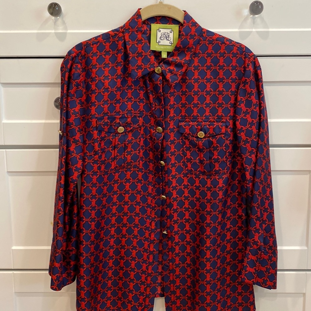 Elizabeth McKay Silk Blouse ,2, navy /red